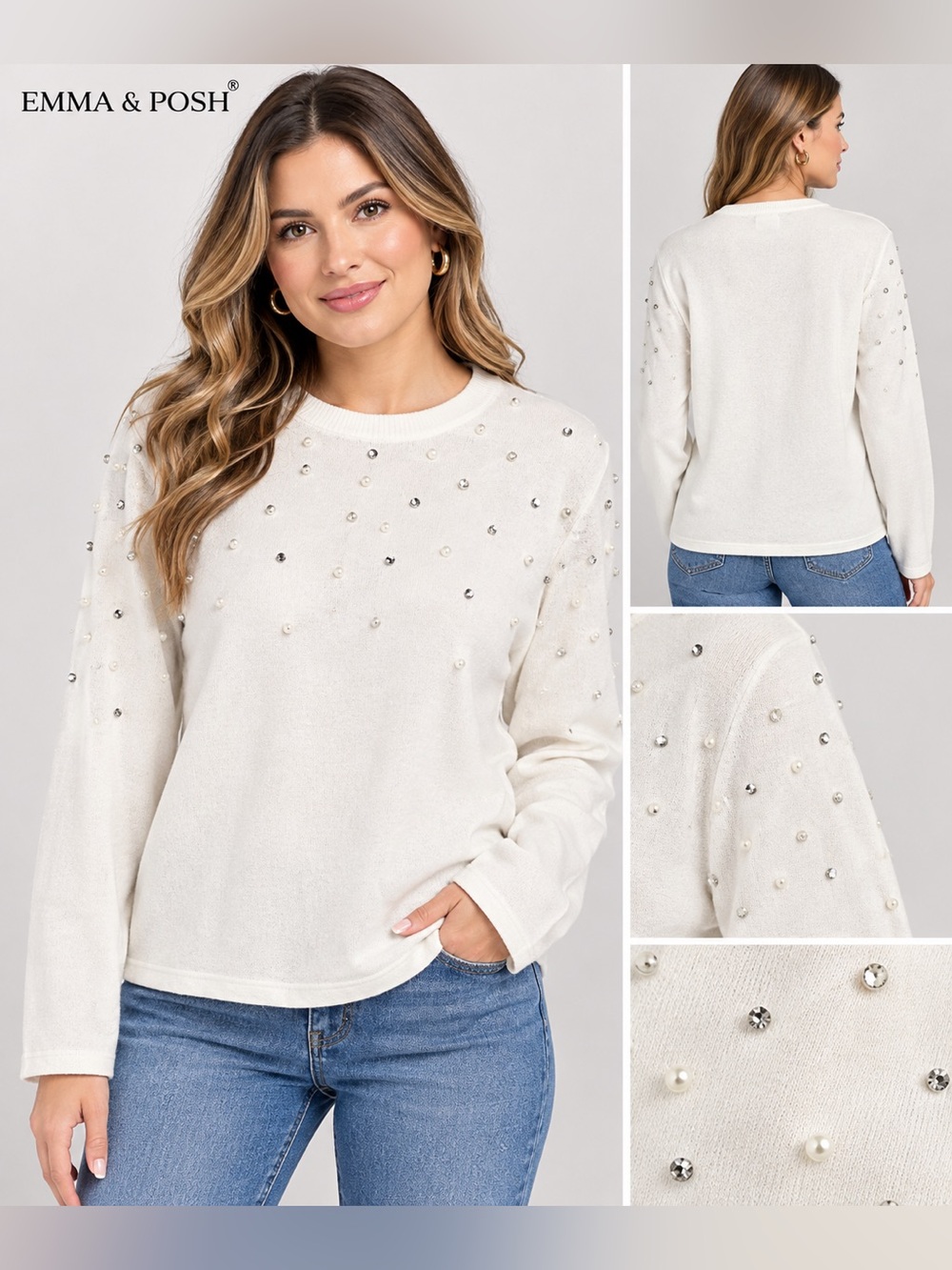 NWT Emma & Posh Ivory Pearl & Rhinestone Embellished Sweater Plus Size 1X